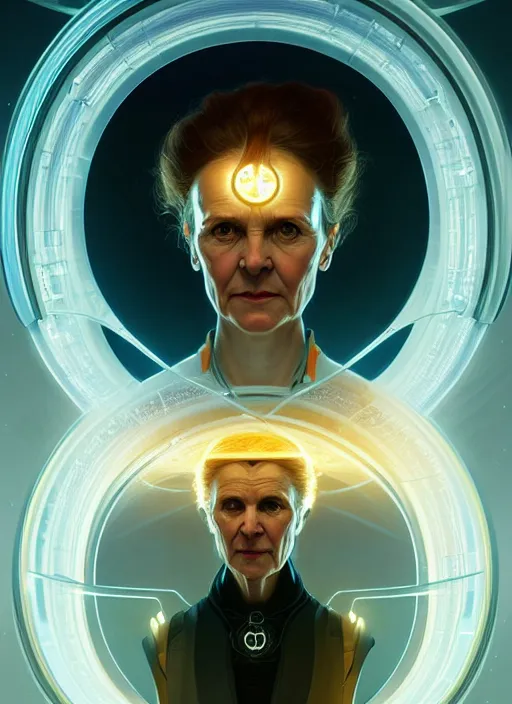 Image similar to symmetry!! portrait of marie curie female, sci - fi, glowing lights!! intricate, elegant, highly detailed, digital painting, artstation, concept art, smooth, sharp focus, illustration, art by artgerm and greg rutkowski and alphonse mucha, 8 k