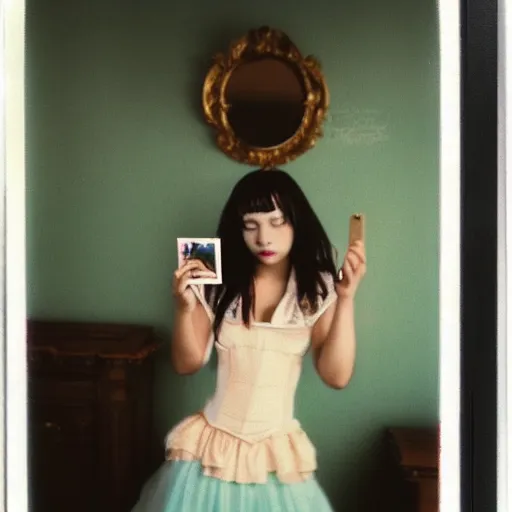 Prompt: a woman taking a picture of herself in a mirror, a polaroid photo by sailor moon, reddit contest winner, rococo, feminine, full body, low contrast