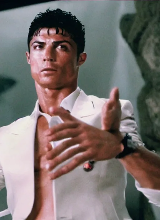 Image similar to film still of cristiano ronaldo as tony montana saying say hello to my little friend in Scarface