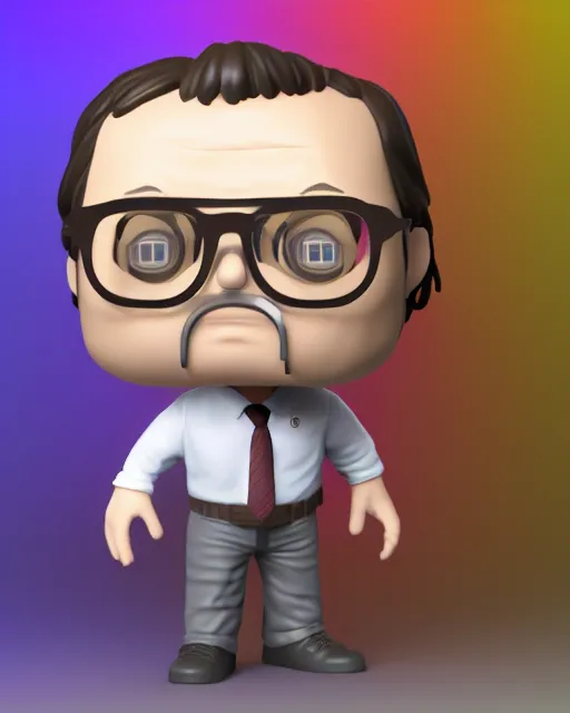 Prompt: full body 3d render of Dwight Schrute as a funko pop, studio lighting, white background, blender, trending on artstation, 8k, highly detailed