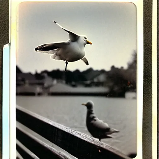 Prompt: photo polaroid of a seagull sitting on top of fence, Norman Rockwell