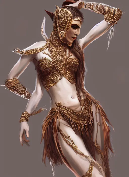 Prompt: a highly detailed illustration of a masked elegant elf arabian dancer, gracefully belly dancing pose, waving both arms, slim model body, intricate, elegant, highly detailed, centered, digital painting, artstation, concept art, smooth, sharp focus, league of legends concept art, WLOP