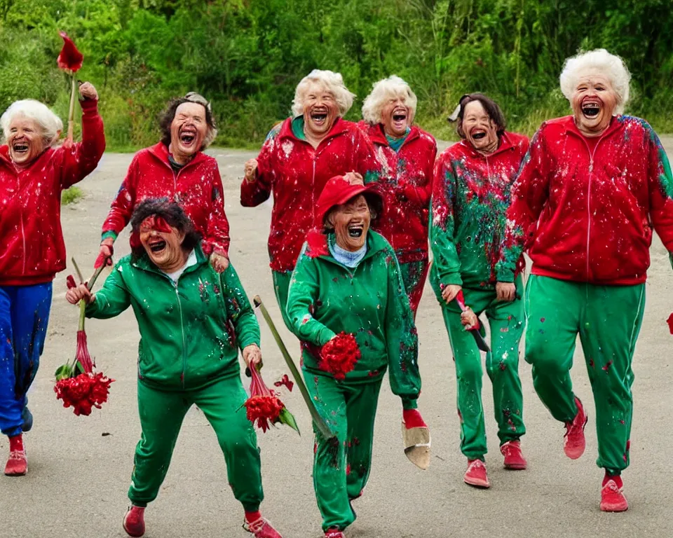 Prompt: a gang of old ladies waving machetes, and carrying flowers, and wearing green Umbro track suits and red splatters laughing maniacally and screaming