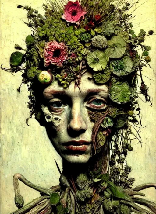 Image similar to beautiful and detailed rotten woman made of plants and many different types of flowers, muscles, intricate, organs, ornate, surreal, john constable, guy denning, dan hillier, manera, van gogh, caravaggio