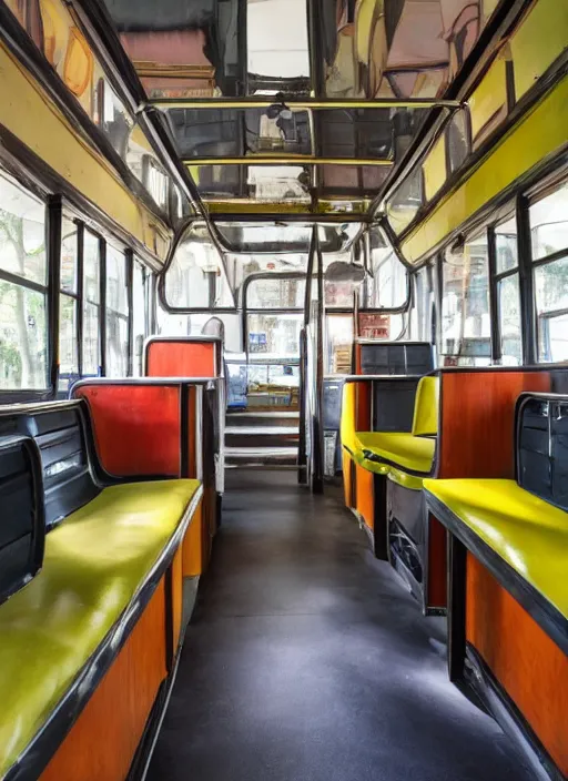 Prompt: interior design of a schoolie, mid - century modern converted school bus interior design by philippe starck and victoria hagan, detailed digital photography masterpiece, gorgeous, 4 k