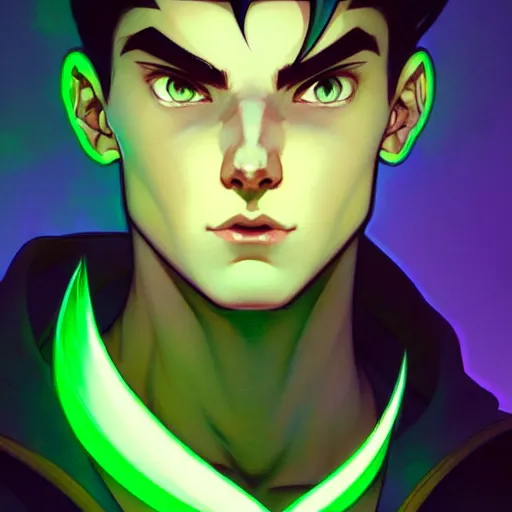 Prompt: a face portrait character design by artgerm, cushart krenz, greg rutkowski and alphonse mucha. young danny phantom!! glowing green eyes!! bold outline sharp edges. ultra clear detailed. 8 k. elegant, neon colors, symmetry, intricate complexity, epic composition, magical atmosphere, cinematic lighting masterpiece trending on artstation 8 k octane render.