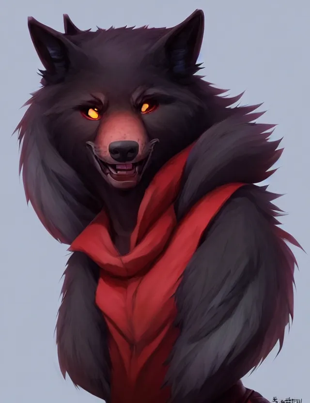 Image similar to character concept art of a black anthropomorphic male furry wolf long red hair | | cute - fine - face, pretty face, key visual, realistic shaded perfect face, fine details by stanley artgerm lau, wlop, rossdraws, james jean, andrei riabovitchev, marc simonetti, and sakimichan, trending on artstation