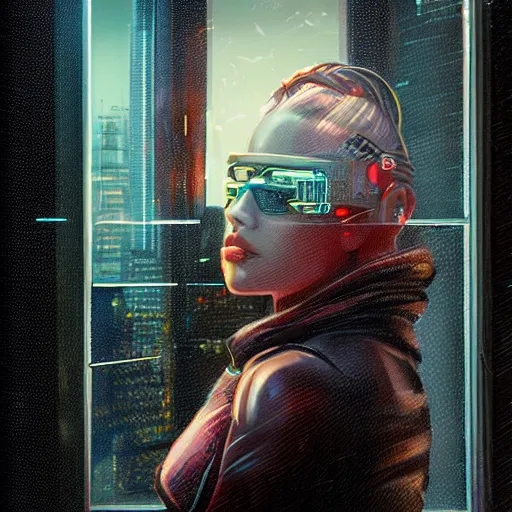 Image similar to portrait of cyberpunk woman looking out of a window, cyberpunk setting, futuristic, highly detailed, intricate lighting, digital painting, sharp focus, illustration, trending on artstation, art by tyler jacobson.