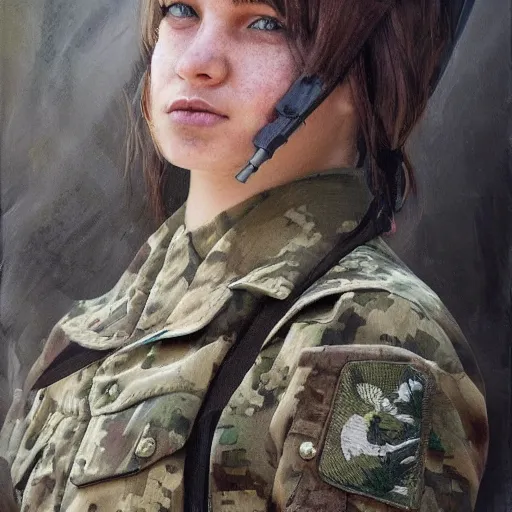 Image similar to beautiful portrait of a young ukrainian female soldier by frank miller