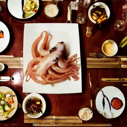 Image similar to a squid in the middle of a dinner table, there are plates setup, realistic hd photo