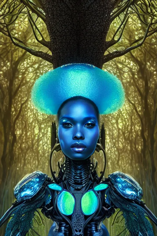 Prompt: hyperrealistic post - lowbrow super gorgeous! black woman with exoskeleton armor, merging with tree in a forest, highly detailed digital art masterpiece smooth cam de leon hannah yata dramatic pearlescent blue teal light ground angle hd 8 k sharp focus
