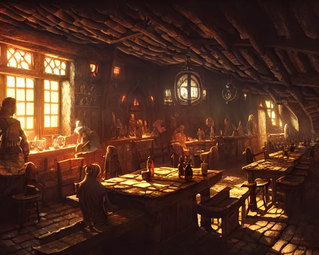 Prompt: a medieval tavern, beautiful, detailed, dark, concept art illustration, color page, tone mapping, akihiko yoshida, james jean, andrei riabovitchev, marc simonetti, digital illustration, greg rutowski, volumetric lighting, sunbeams, particles