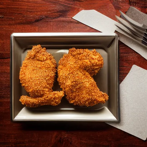 Prompt: chicken fried on a computer cpu chip plate rectangular processor, food, photograph, poster, orthographic
