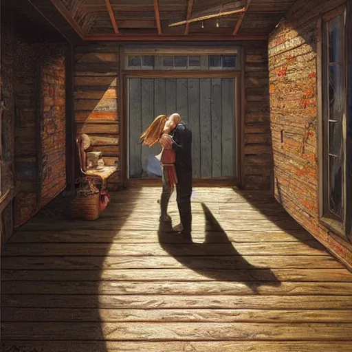 Image similar to a guy is leaving is home with luggage and sad angry mood, his wife is kissing another man under the porch of the house, highly detailed,, artstation hd, deviantart, by madgwick,, greg rutkowski, artgerm