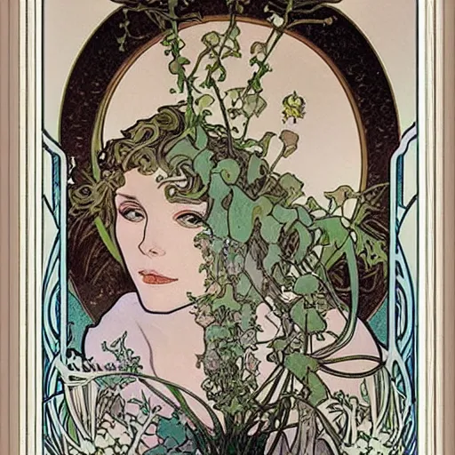 Prompt: art nouveau painting by Alphonse Mucha of Dream of the Endless from Sandman framed by white flowers. Soft, muted colors, dreamy aesthetic.