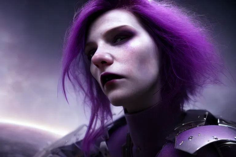 Image similar to an ultra realistic, cinematic, close up portrait, of a vampire with purple hair, soft light, dreamy, facial features, standing in a space ship wreck, sci - fi armor, detailed, deep focus, movie still, dramatic lighting, ray tracing, by michal karcz and yoshitaka and david cronenberg