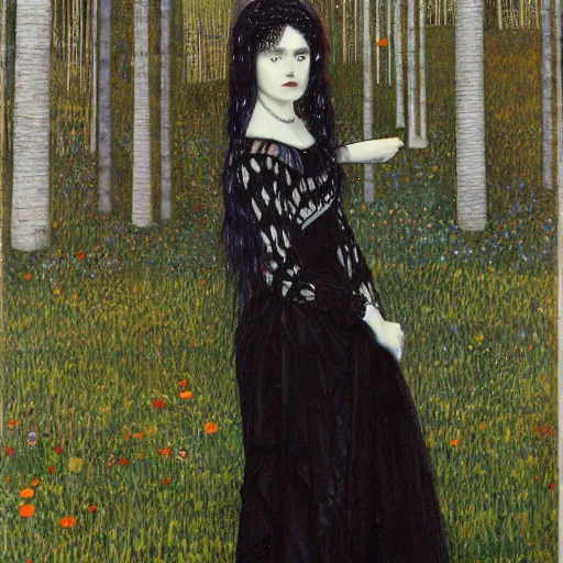 Prompt: Hannah Fierman with beautiful clear defined face and body as a gothic victorian woman clothed in black dress standing in front of a lake near an ominous forest. Junji Ito, Gustav Klimt, sharp focus, HR Giger