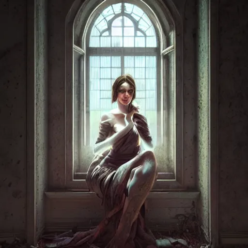 Image similar to perfectly - centered - portrait of a beautiful lady inside abandoned asylum, light comes from the window, intricate, highly detailed, digital painting, artstation, concept art, smooth, sharp focus, illustration, unreal engine 5, 8 k, art by artgerm and greg rutkowski and alphonse mucha