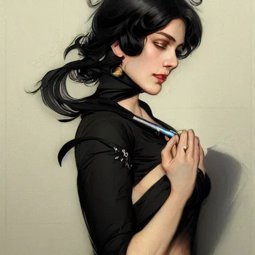 Image similar to Woman with black short hair, wearing black dress smoking, intricate, elegant highly detailed, digital painting, artstation, concept art, smooth, sharp focus, illustration, art by artgerm and greg rutkowski and alphonse mucha