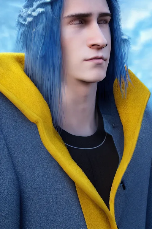 Image similar to a male teenager with long blue hair and yellow eyes wearing a winter overcoat, hyperrealistic, concept art, octane render, unreal engine 5, trending on artstation, high quality, 8 k, highly detailed, digital art, anatomically correct, symmetrical, realistic and defined face, profile picture, high coherence, path traced, beautiful, elegant clothes