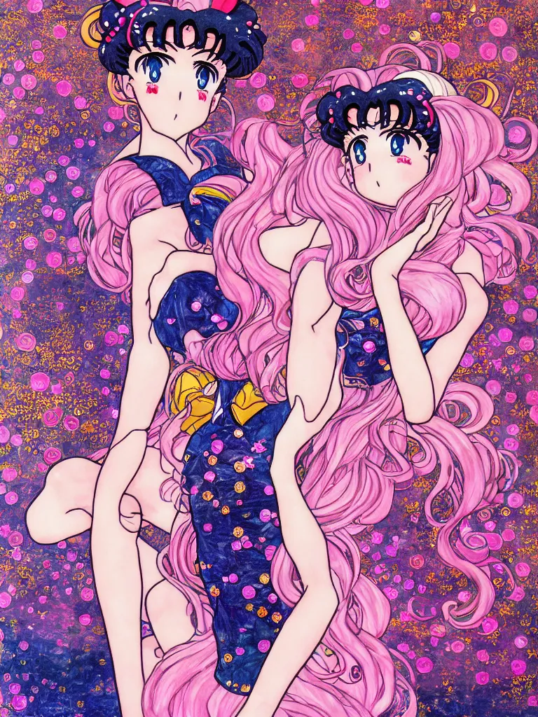 Prompt: resolution 4k Sailor Moon Skirts Anime Sailor Moon characters posing Pink, Girly, Feminine Hearts Painterly art in the style of Gustav Klimt