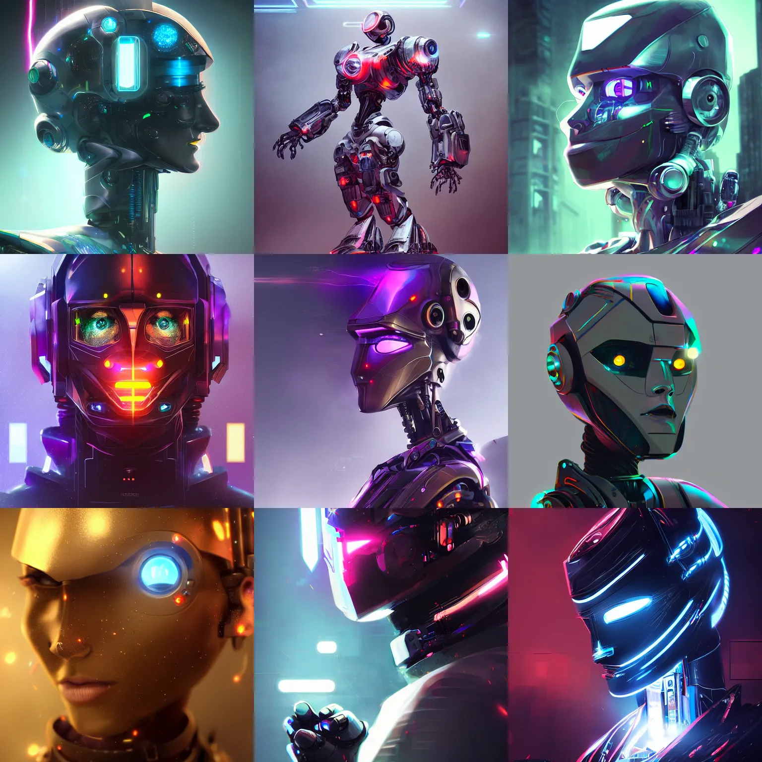 Prompt: a magical robot, beautiful face, expressive eyes, volumetric lightning, magical, complex and intricate, cyberpunk, epic, cinematic, trending on artstation