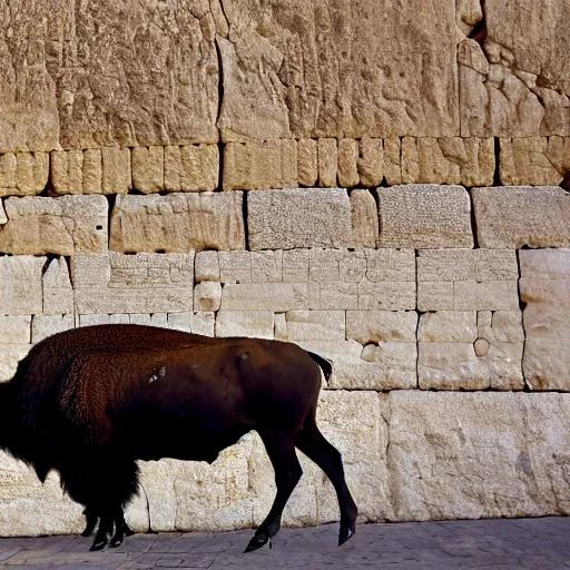 Image similar to photo of a bison, at the Wailing Wall in Jerusalem, religious people, crowds, 50mm, beautiful photo