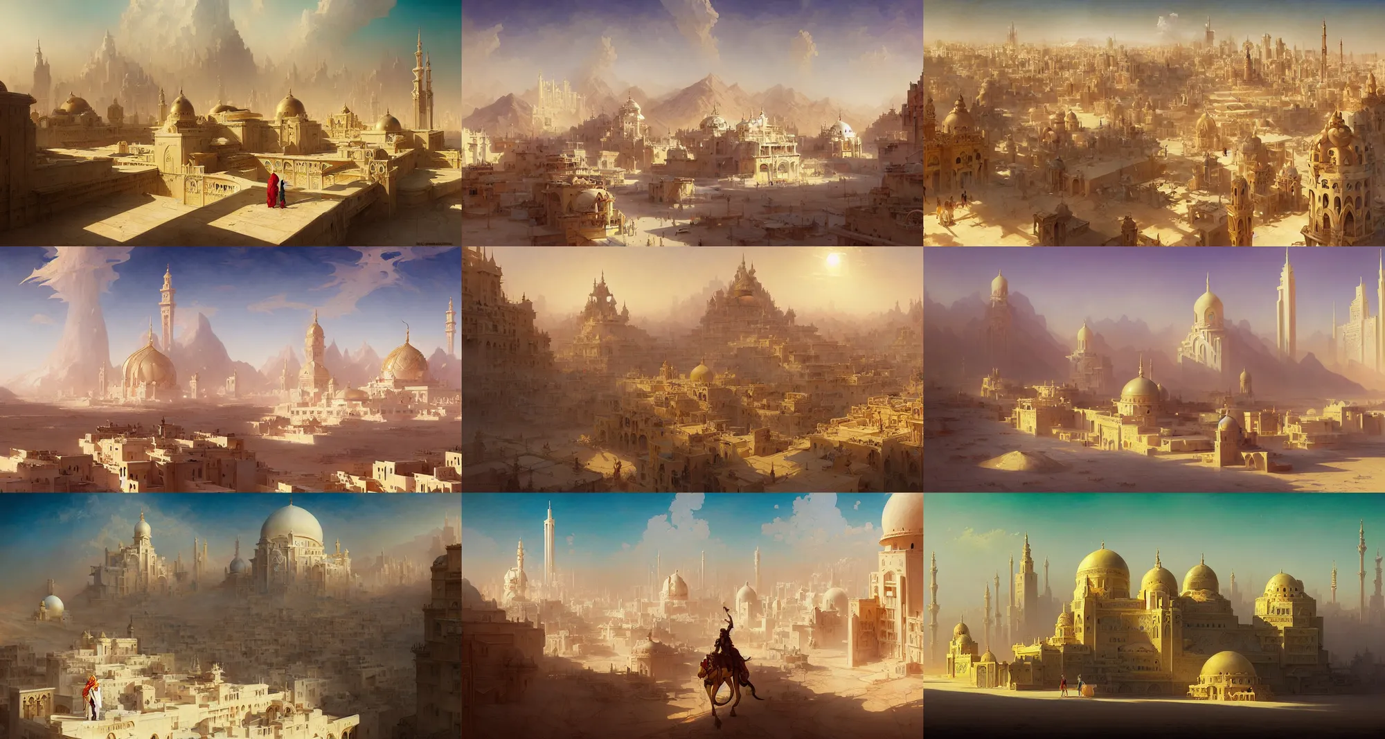 Prompt: city in desert, white buildings with golden roofs, islamic architecture, fantasy, art by joseph leyendecker, peter mohrbacher, ivan aivazovsky, ruan jia, reza afshar, marc simonetti, alphonse mucha