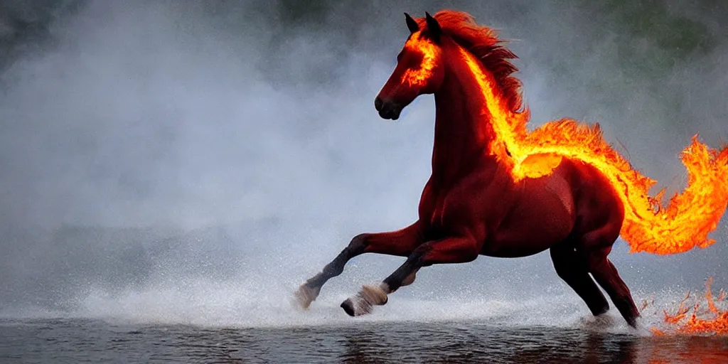 Image similar to horse made of fire running on water