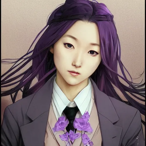 Image similar to kyoko kirigiri!!!!!!!, a japanese girl with pale!! lavender hair and a purple suit jacket, portrait by artgerm, greg rutkowski and alphonse mucha, absolutely gorgeous, detective