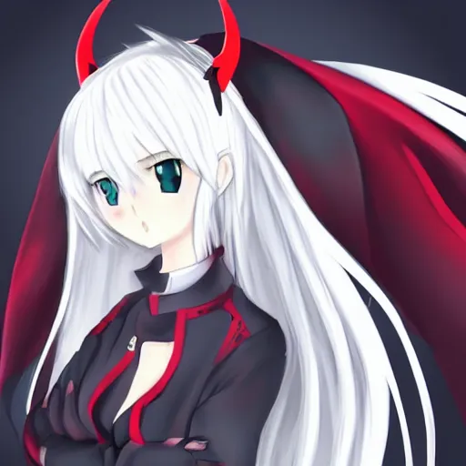 Image similar to white hair, red eyes, two small horn on the head, anime style, anime girl