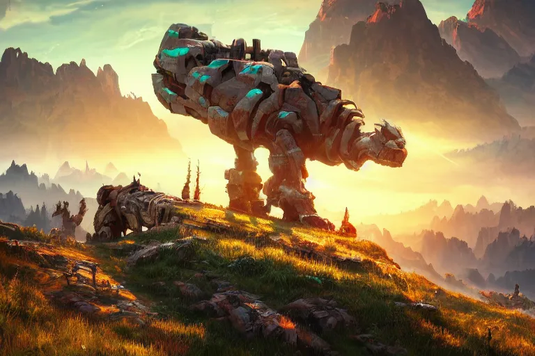 Image similar to tremortusk machine mecanical creature robot of horizon forbidden west horizon zero dawn radiating a glowing aura global illumination ray tracing hdr fanart arstation by ian pesty and alena aenami artworks in 4 k