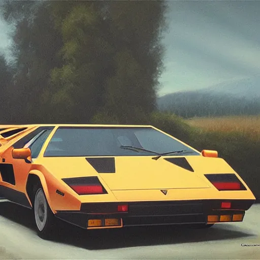 Image similar to A beautiful oil painting of a Lamborghini Countach, volumetric lighting, photorealistic, highly detailed.