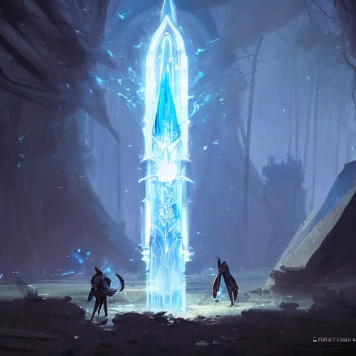 Prompt: showcase of a fantasy greatsword glowing with blue magical power, art by greg rutkowski