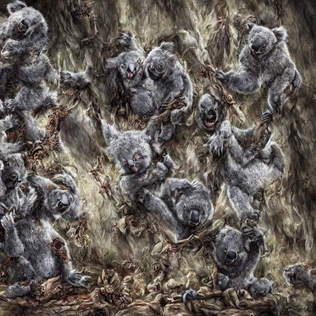 Prompt: some believers are holding a mysterious ceremony to summon a koala demon from hell, highly detailed, photorealistic