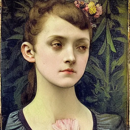 Image similar to portrait of a beautiful young lady with huge bright silver eyes, colored daguerreotype by pontormo, by bosch, by mucha, by Mackintosh, by max ernst, art noveau, ornate, highly detailed, liminal, eerie, Bright pastel colors