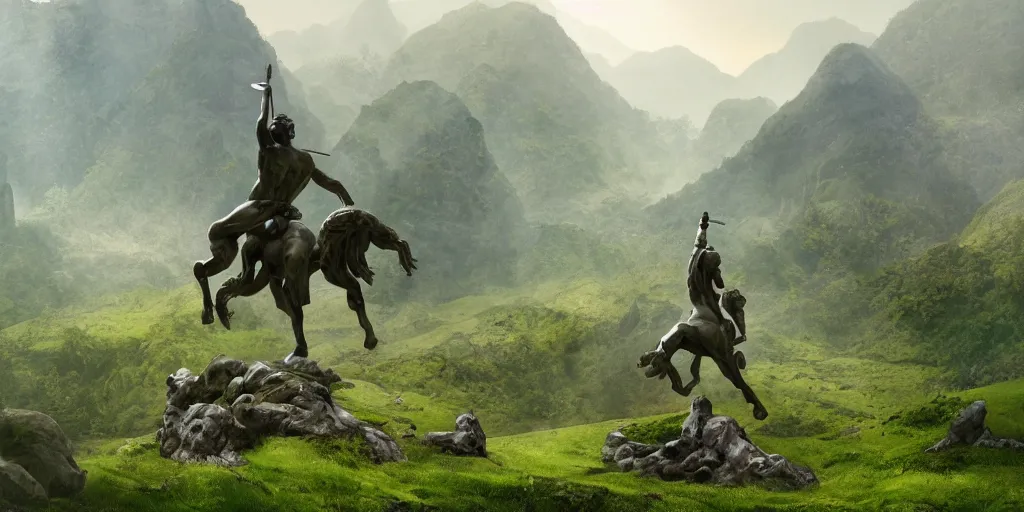 Prompt: A giant marble statue of a warrior in the middle of a green valley between the mountains, detailed digital matte painting