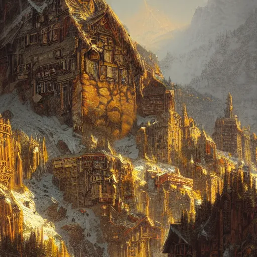 Prompt: artstation concept of a mountainous city in the rocky mountains, numerous vintage/rustic elements, bright colorful, gold, hyperdetailed, artstation trending, world renowned artists, worth1000.com, historic artworks society, antique renewel, cgsociety, by greg rutkowski, by Gustave Dore, Deviantart