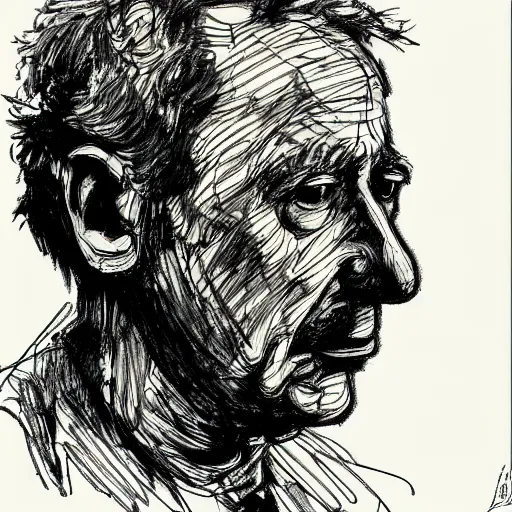 Image similar to a realistic yet scraggly portrait sketch of the side profile of a stern and sophisticated gene ween, trending on artstation, intricate details, in the style of frank auerbach, in the style of sergio aragones, in the style of martin ansin, in the style of david aja, in the style of mattias adolfsson