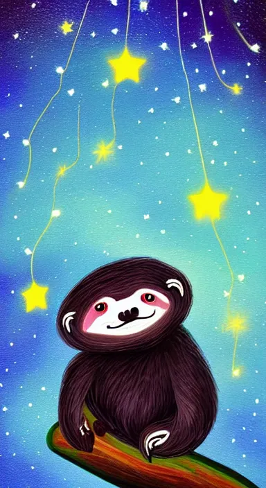 Prompt: beautiful very dark night with many stars and clouds, a cute sloth on a tree!! with string lights, everything!! made of thick flowing dramatic paint brush strokes, stylish abstract impressionism, matte colors, trending on artstation