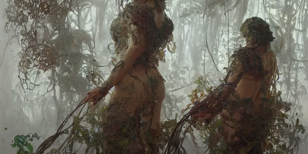 Prompt: an insanely detailed oil painting of a tall woman, intricate detailed leaves, spiderweb, mycelia, by ruan jia, fantasy, hyper detailed, colorfull, concept art, by greg rutkowski, by alphonse mucha, by moebius