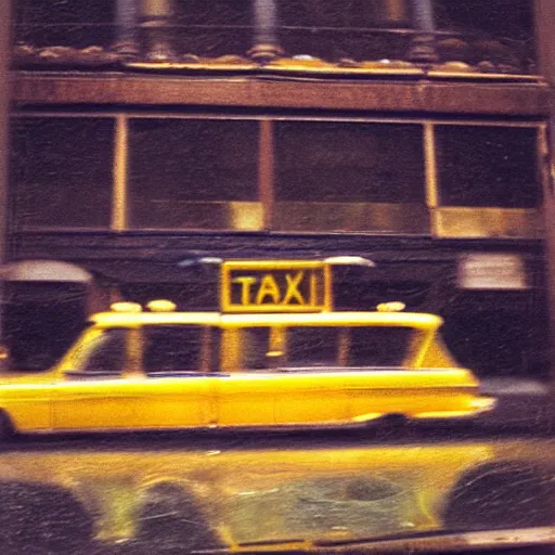 Prompt: grainy abstract experimental expired film photo of a taxi on a back ally, in 1 9 6 0 s new york city by saul leiter, 5 0 mm lens, cinematic colors, reflection, rain drops, cinestill 8 0 0 t