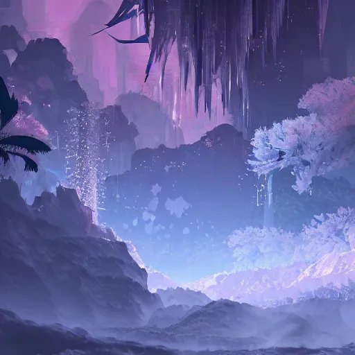 Image similar to vague antidescriptive acrylic vital exopoison fluid blob nier automata pixiv scenery artwork : nature dream vegetation magic density infinite, macro seminal dream points of icy, frozen vaporwave shards tempted to turn into a dream scenery, high quality topical render, nier automata, concept art