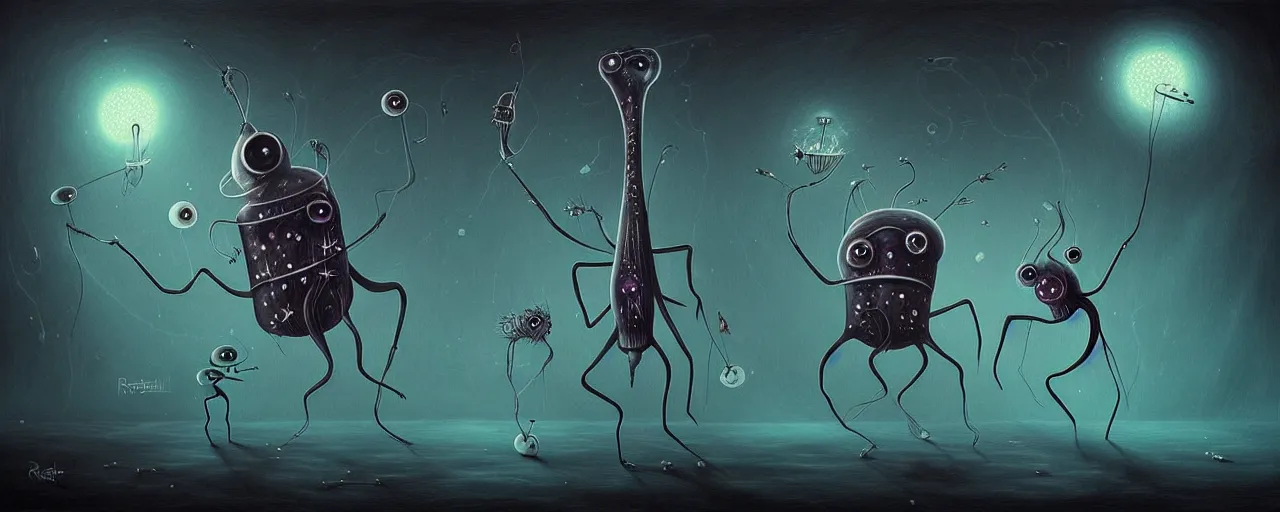 Image similar to whimsical alchemical plankton creatures, surreal dark uncanny painting by ronny khalil