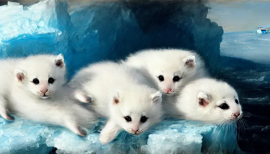 Image similar to highly detailed painting of cute furry white baby seal kittens cuddling into each other on a blue and white iceberg by william turner, by greg rutkowski, by william constable, thick brush strokes and visible paint layers, 4 k resolution