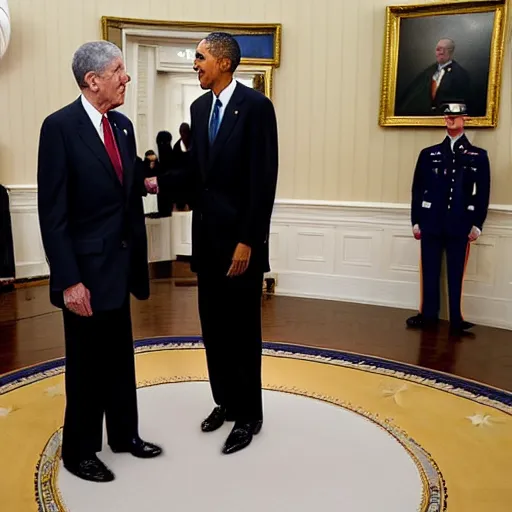 Image similar to photograph of 9 1 - year old former president, john f. kennedy meeting president obama at the white house, taken in 2 0 0 9 by pete souza