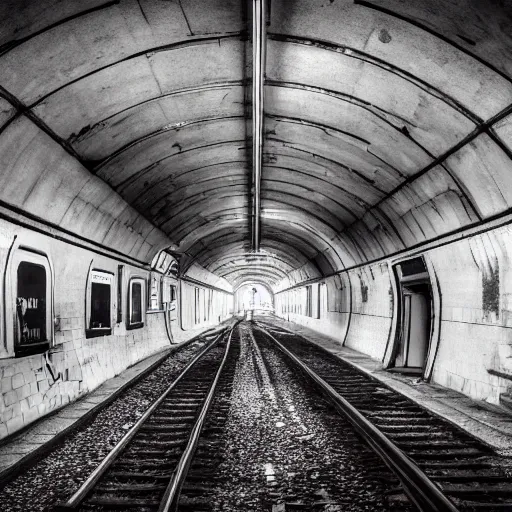 Image similar to abandoned london underground station, platform, haunting, beautiful, photorealistic, extreme detail, sharp focus, 4 k, award winning,