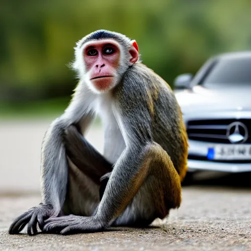 Image similar to monkey drives a mercedes, photo taken by a nikon, 8k, very detailed, highly detailed, epic scale