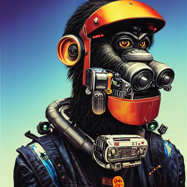 Prompt: a portrait of an anthropomorphic cyberpunk chimp in a crash helmet by sandra chevrier, detailed render, tape deck, boombox, epic composition, cybernetics, 4 k realistic, cryengine, realistic shaded lighting, sharp focus, masterpiece, by matteo scalera, gary montalbano, peter elson in the style of the tokyo ghost comic