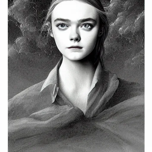 Image similar to professional painting of Elle Fanning in the style of Caspar David Friedrich, head and shoulders portrait, symmetrical facial features, smooth, sharp focus, illustration, intricate, stormy weather, extremely detailed masterpiece,